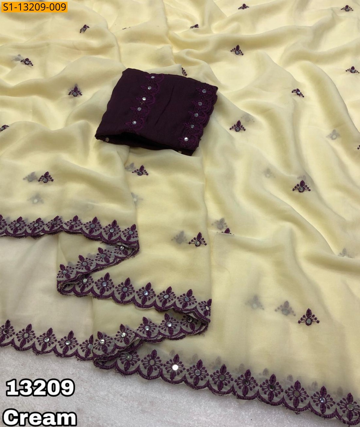 Cream Fancy Georgette Embroidery Saree
