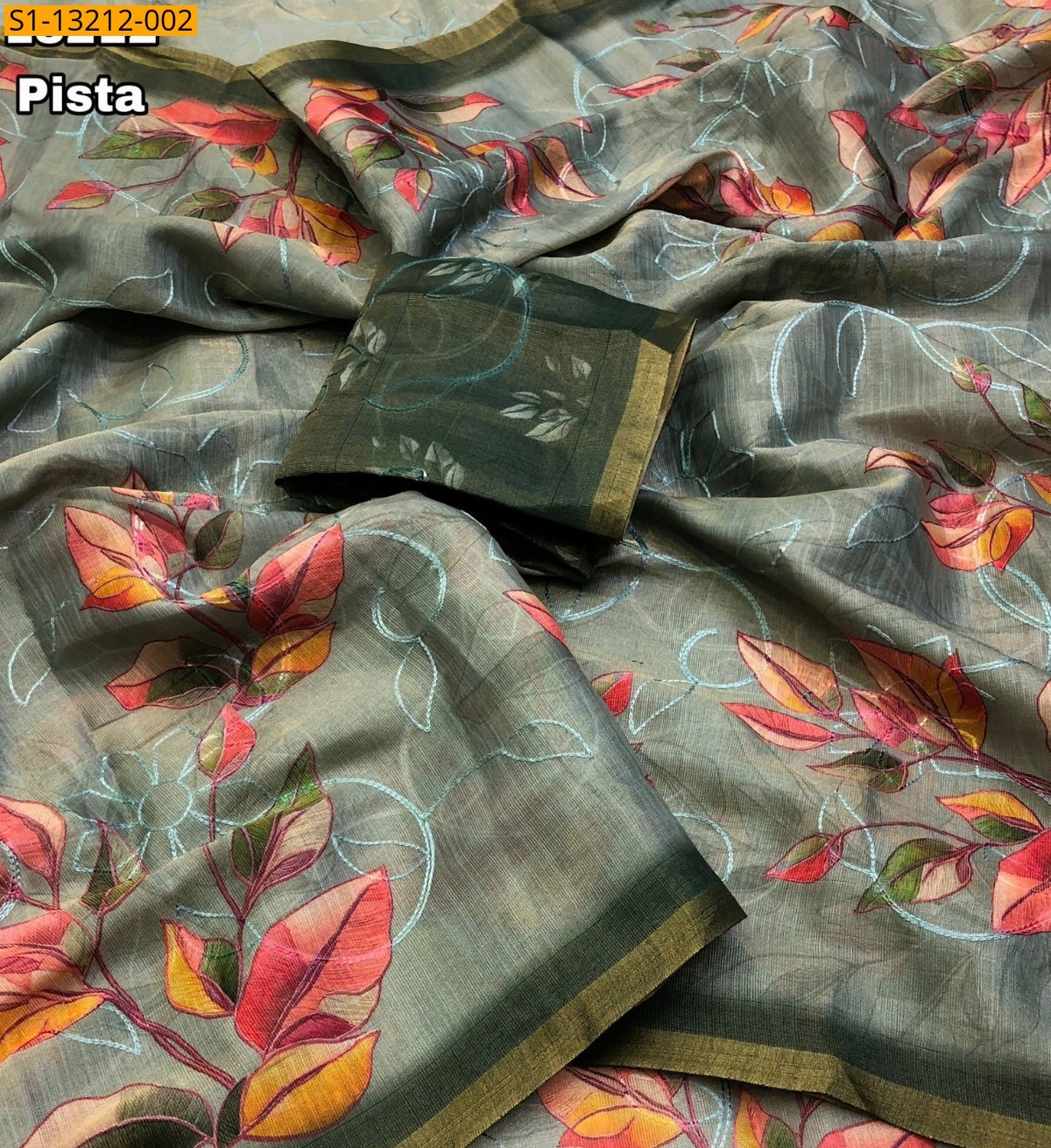 Pista Fancy Erode Silk Floral Digital Print Saree