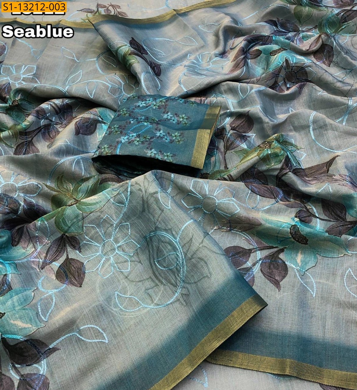 Sea Blue Fancy Erode Silk Floral Digital Print Saree
