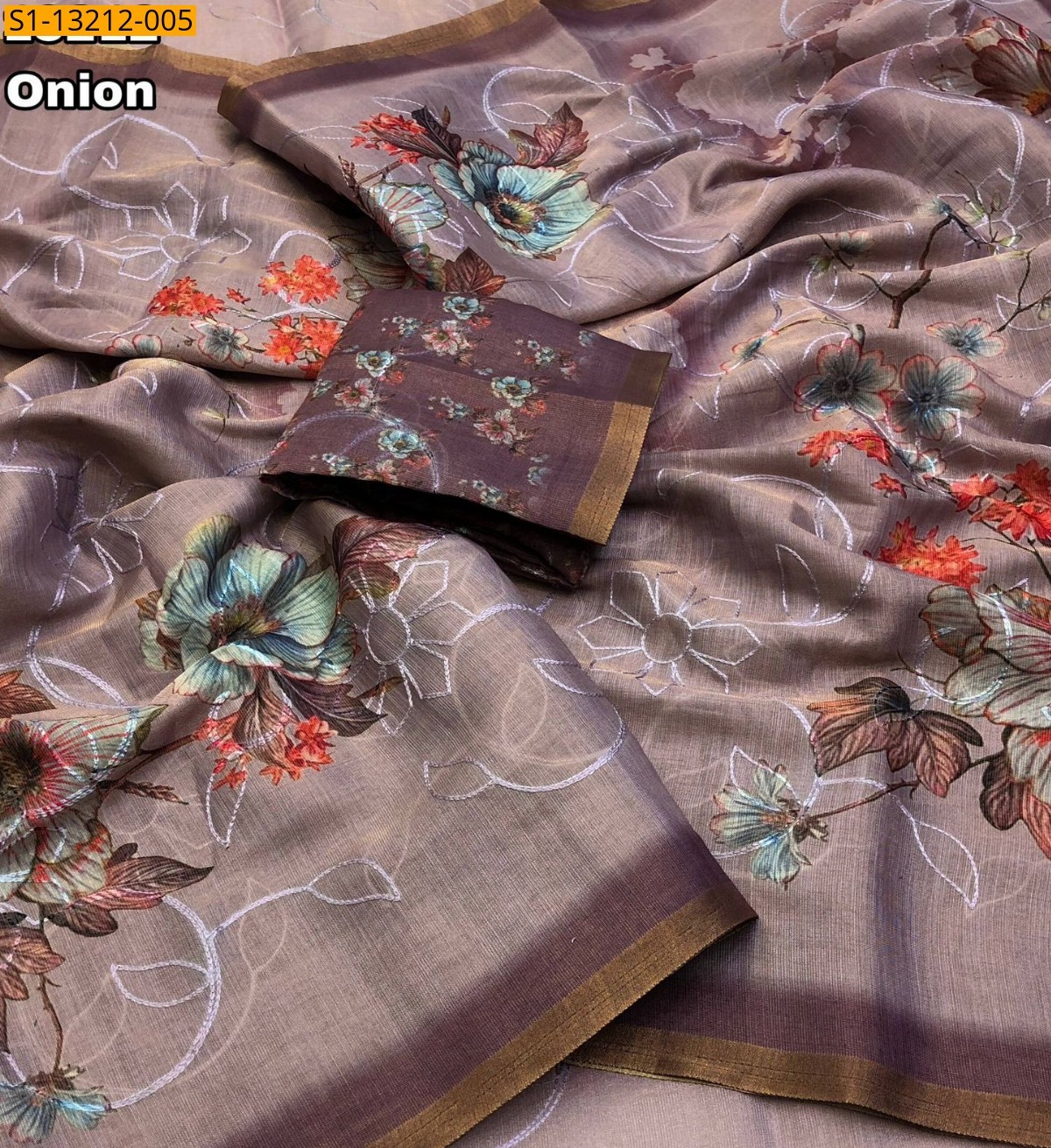 Onion Pink Fancy Erode Silk Floral Digital Print Saree