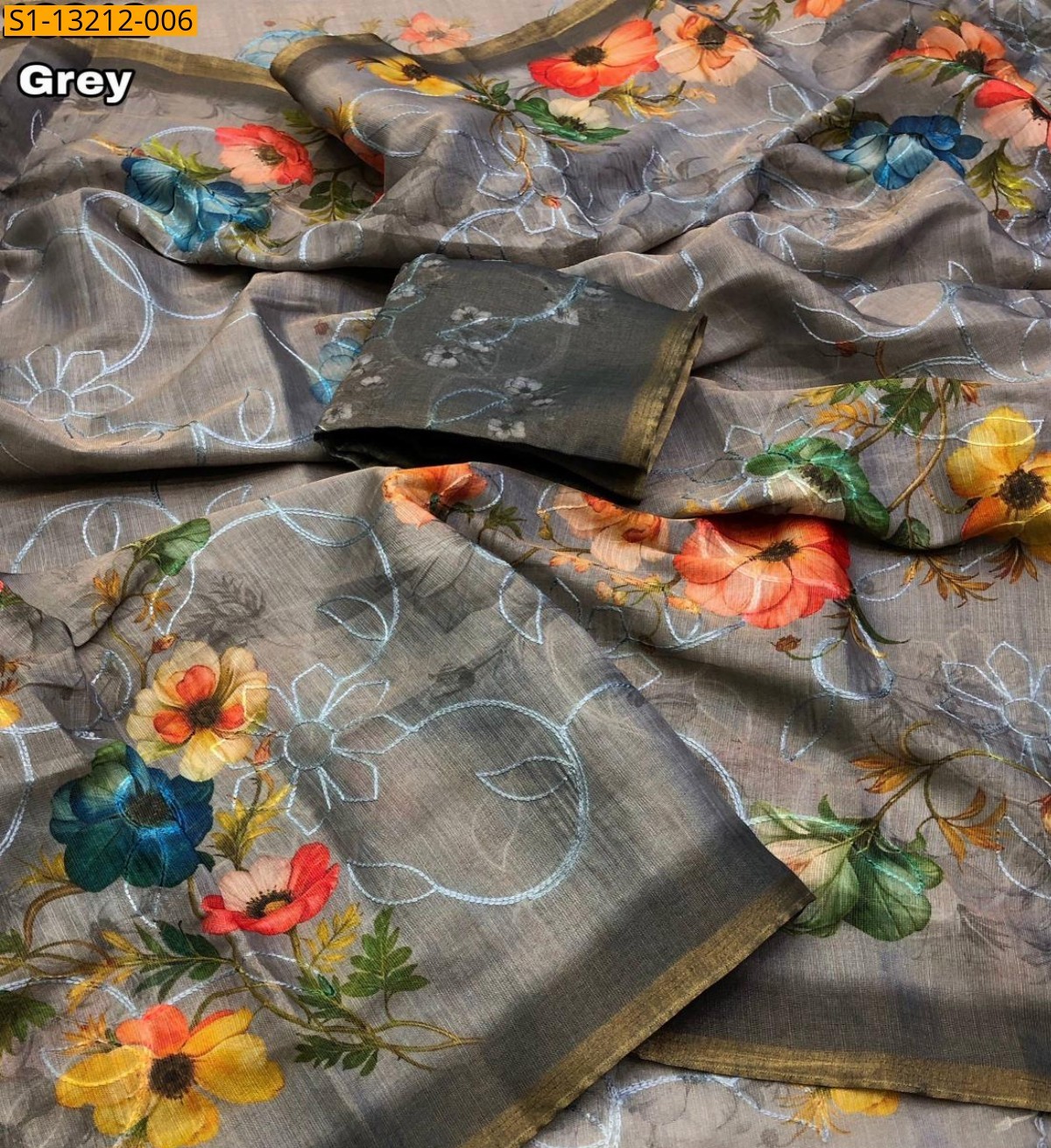 Gray Fancy Erode Silk Floral Digital Print Saree