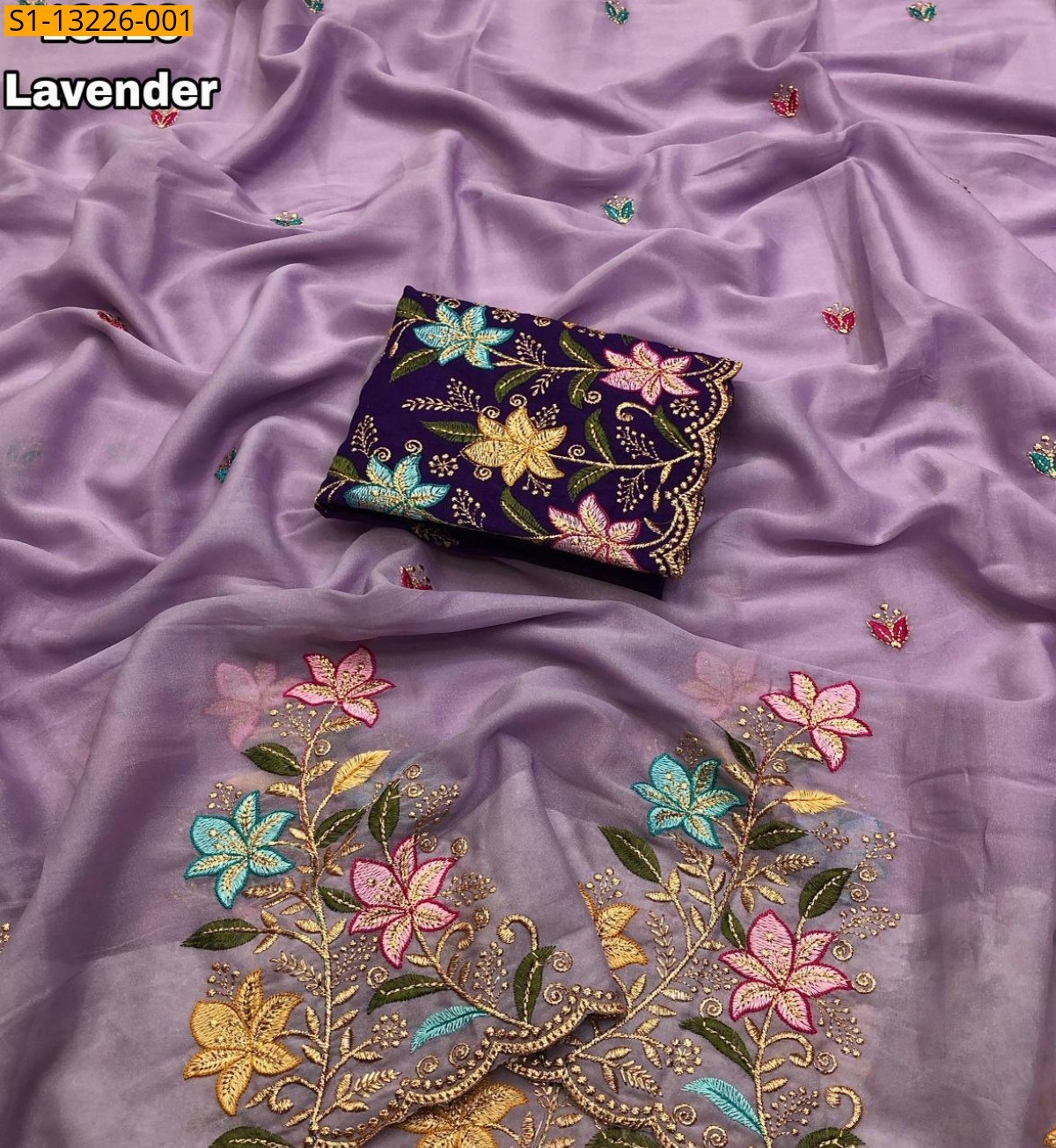 Lavender Fancy Georgette Floral Embroidery Saree