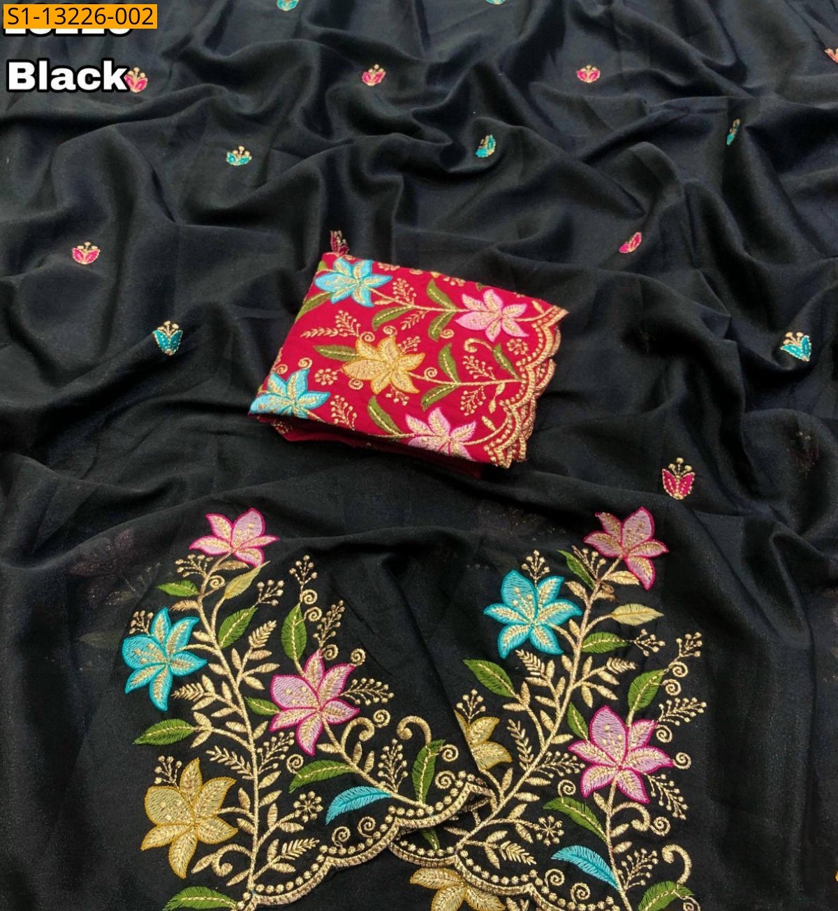 Black Fancy Georgette Floral Embroidery Saree