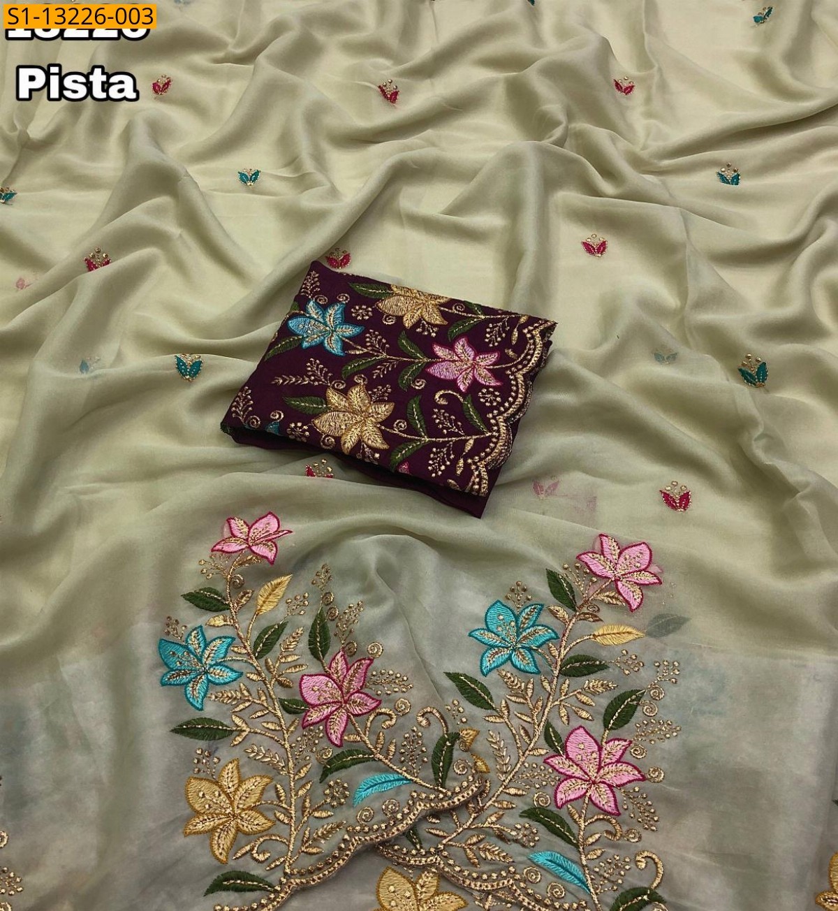 Pista green Fancy Georgette Floral Embroidery Saree