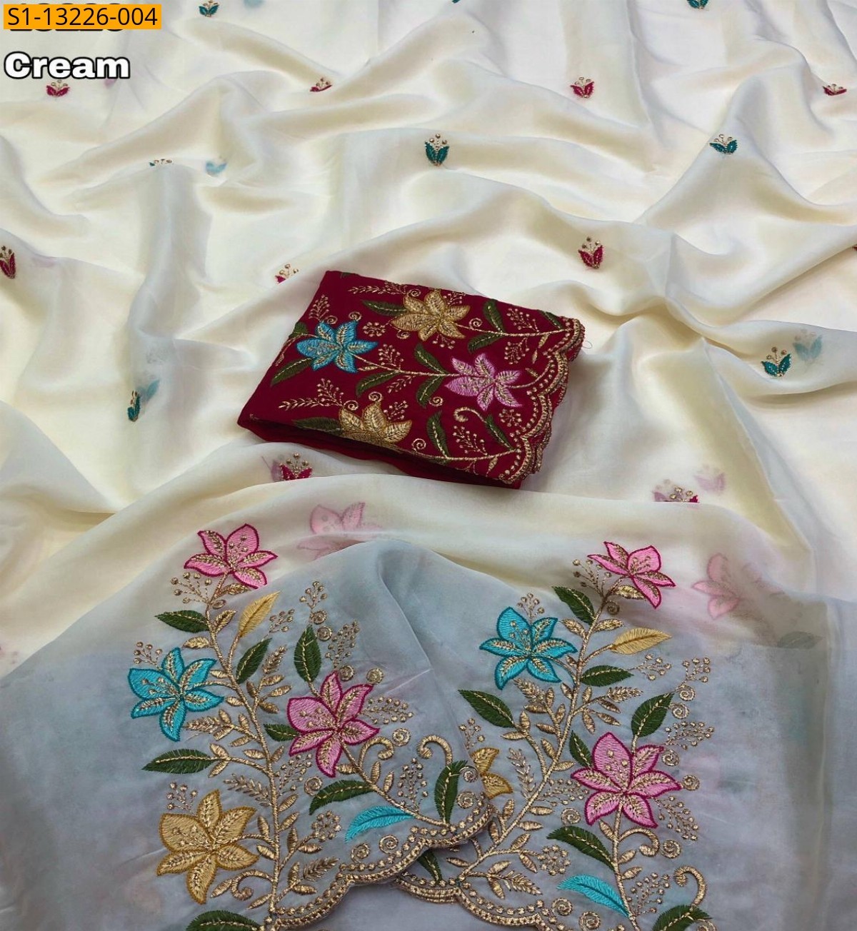 Cream Fancy Georgette Floral Embroidery Saree