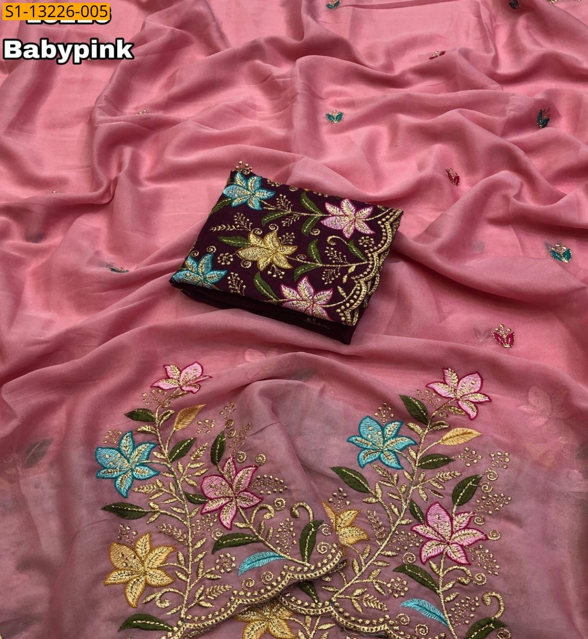 Baby Pink Fancy Georgette Floral Embroidery Saree