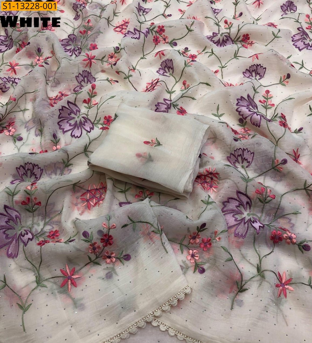 White Fancy Crunchy crush  Embroidery Saree