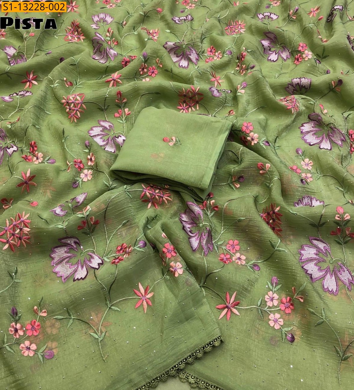 Pista Fancy Crunchy crush  Embroidery Saree