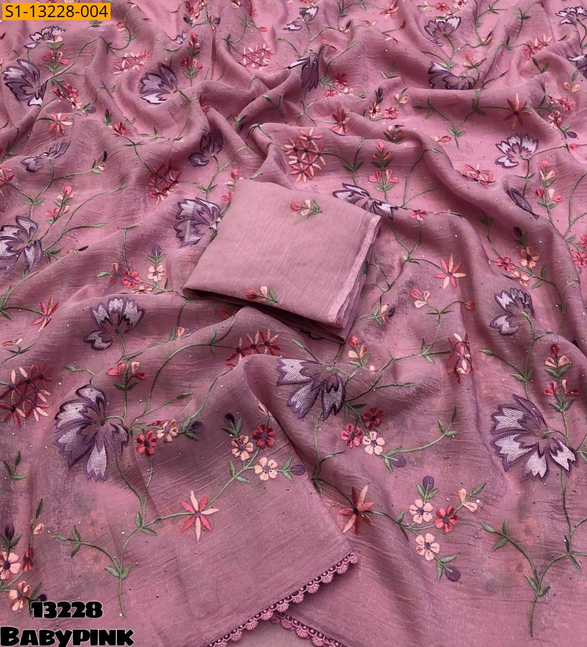 Baby Pink Fancy Crunchy crush  Embroidery Saree