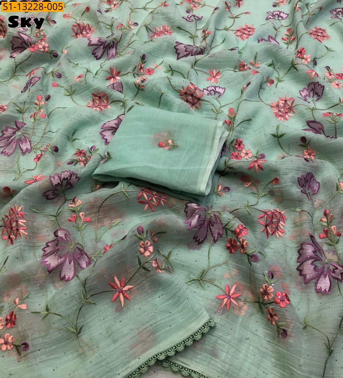 Sky blue Fancy Crunchy crush  Embroidery Saree