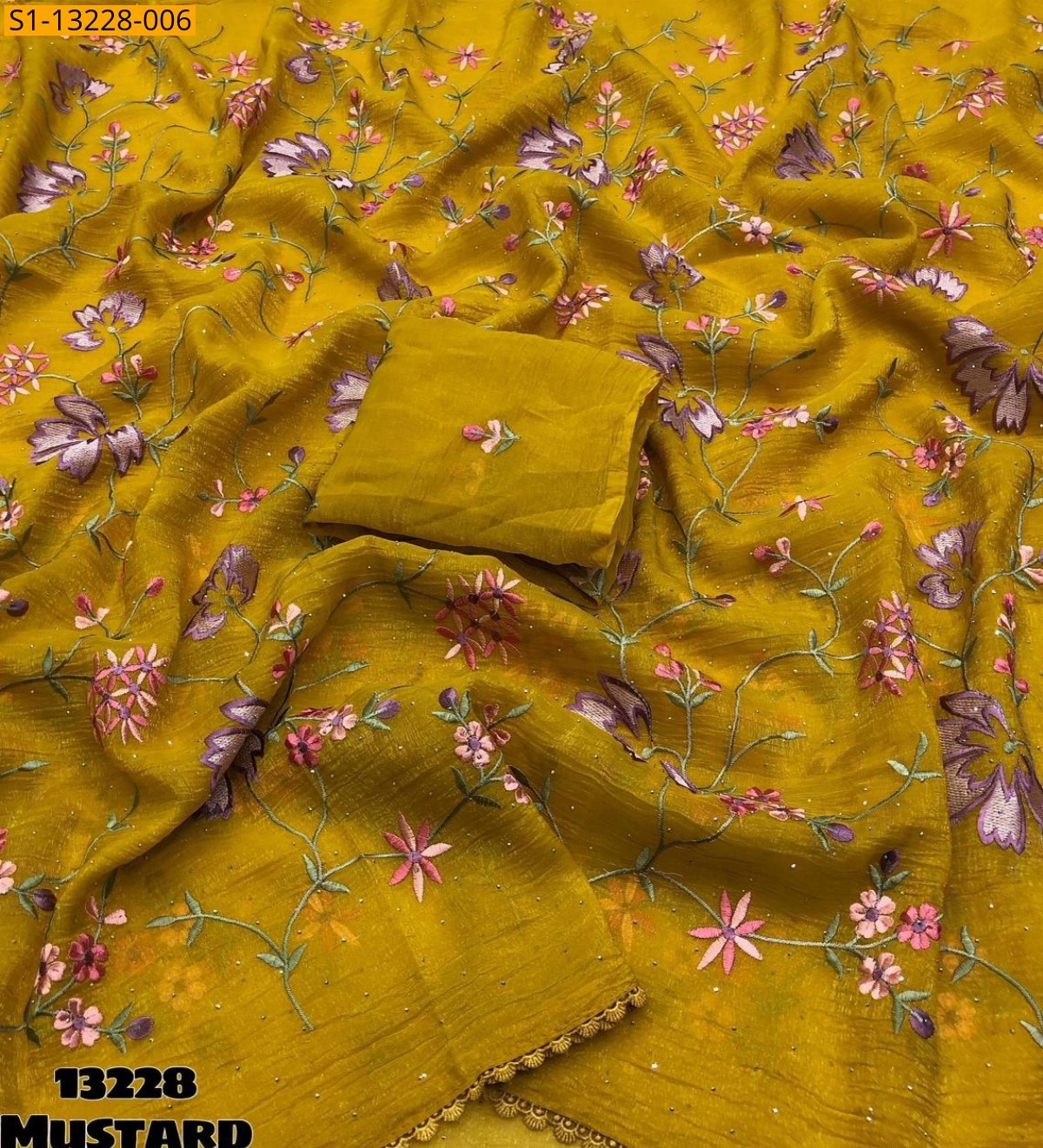 Mustard Fancy Crunchy crush  Embroidery Saree