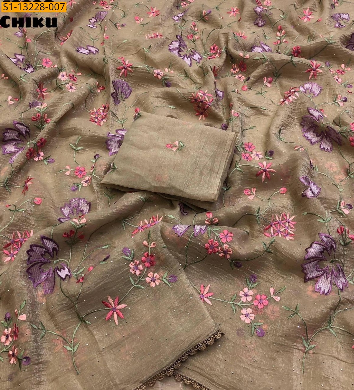 Chiku Fancy Crunchy crush  Embroidery Saree