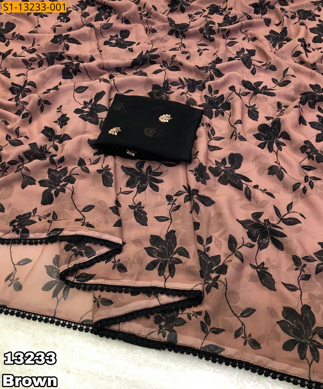 Brown Fancy Chiffon Floral Printed Saree