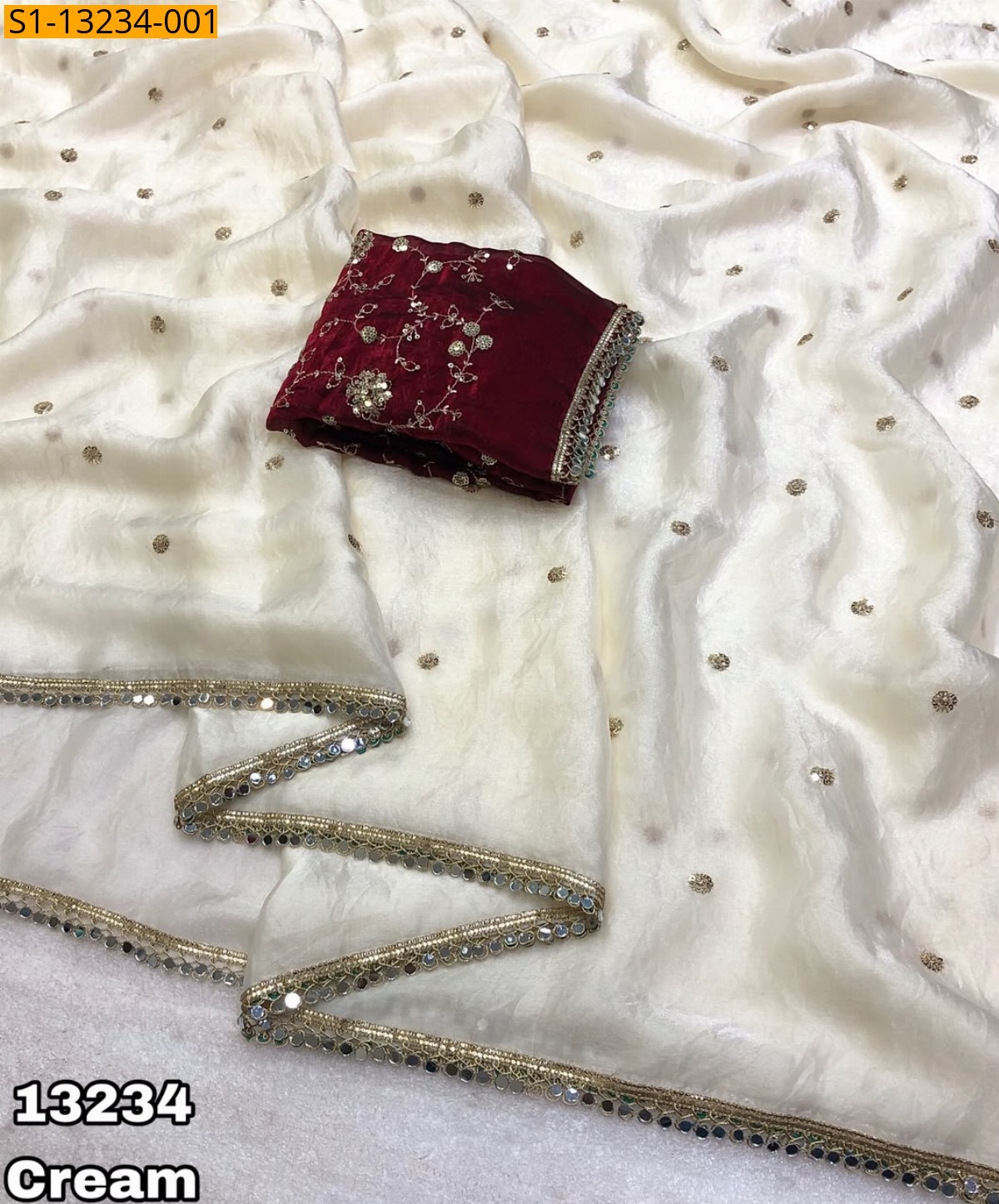 Cream Fancy Space Silk Saree
