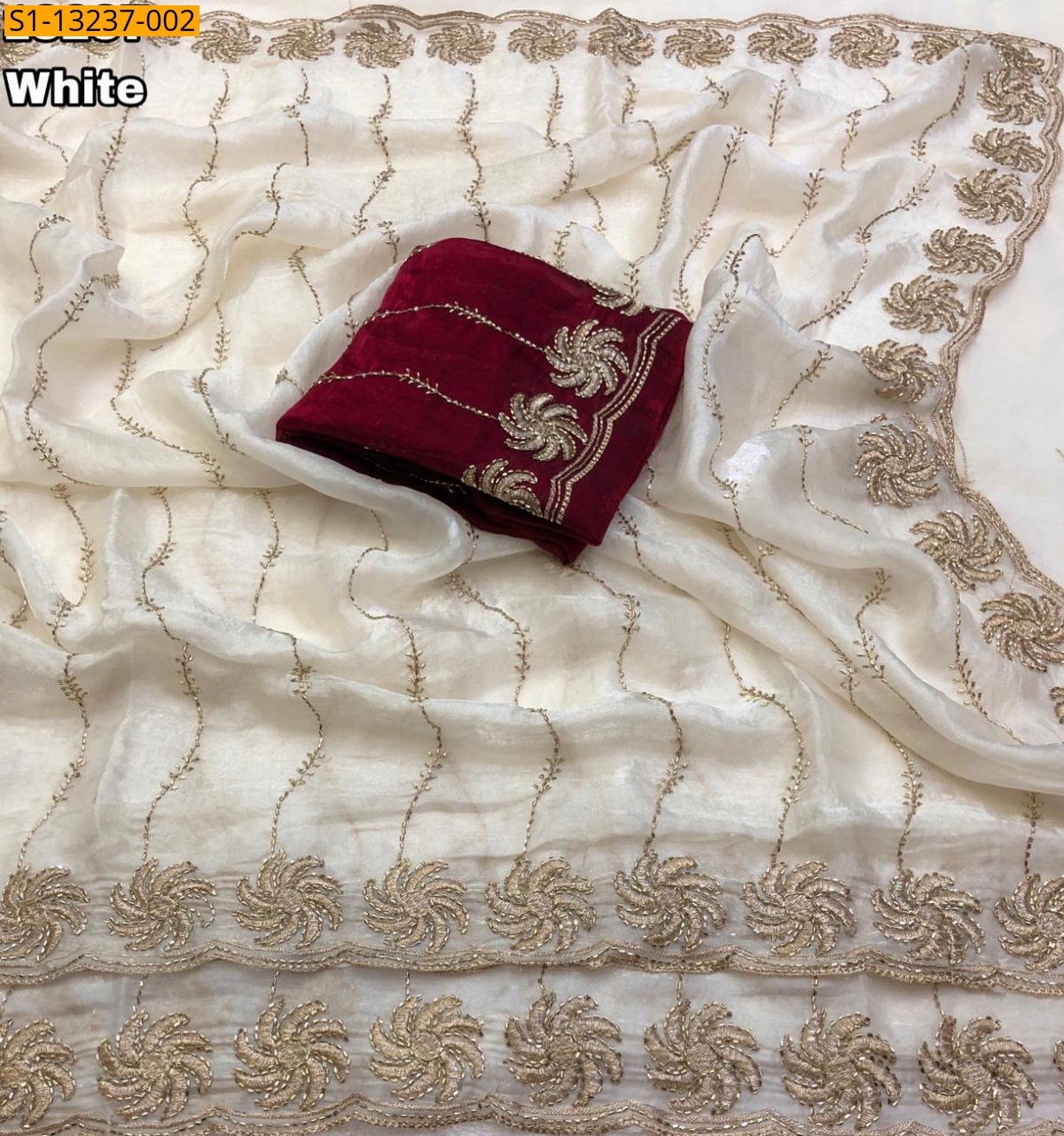 White Fancy Soft Space Silk Embroidery  Saree