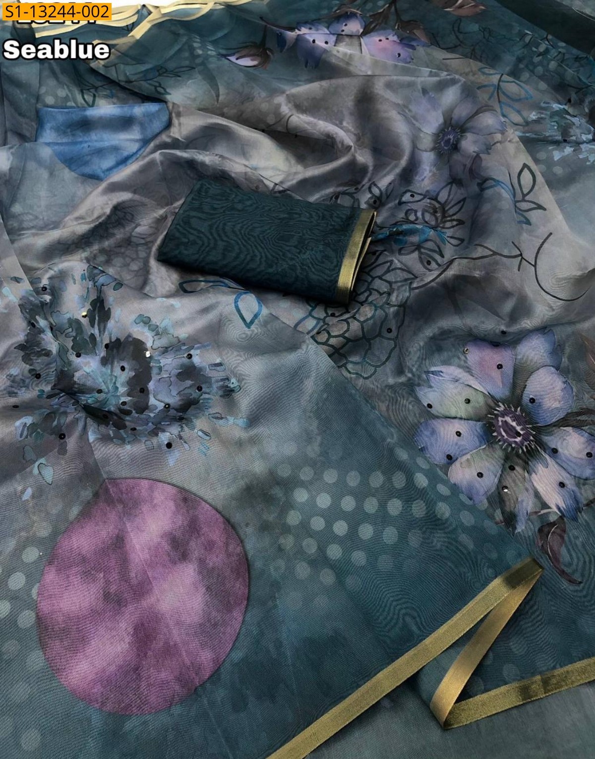 Sea Blue Fancy Soft Organza Saree