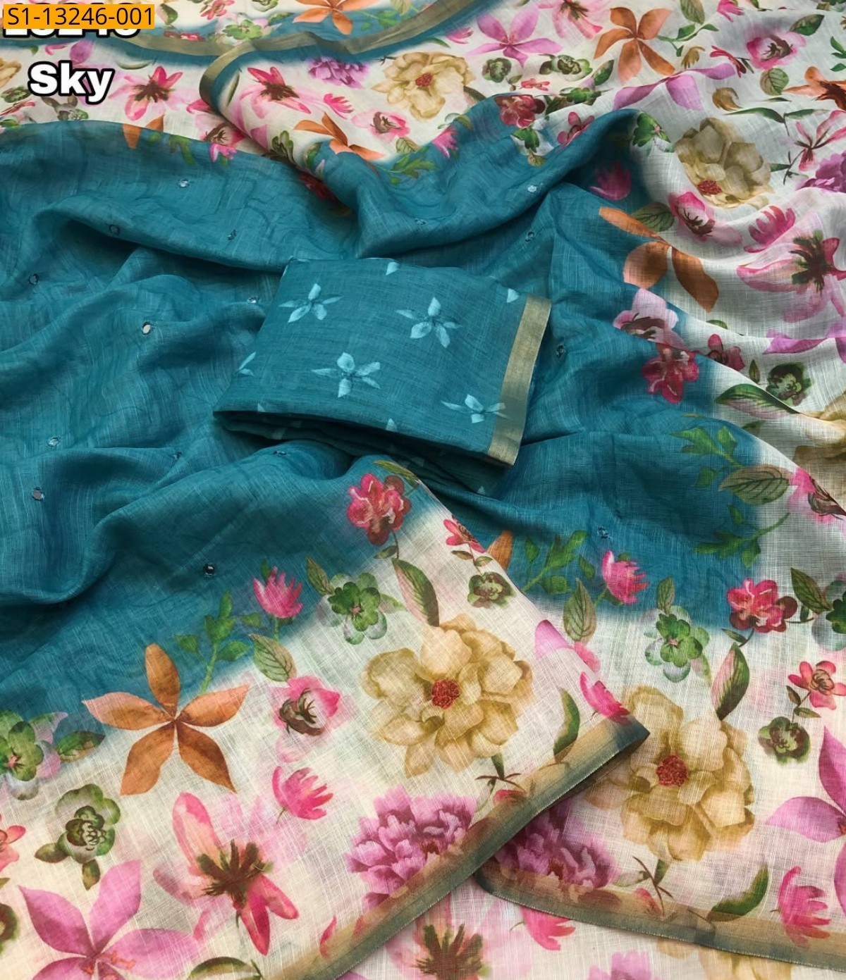 Sky Blue Fancy Soft Linen Saree