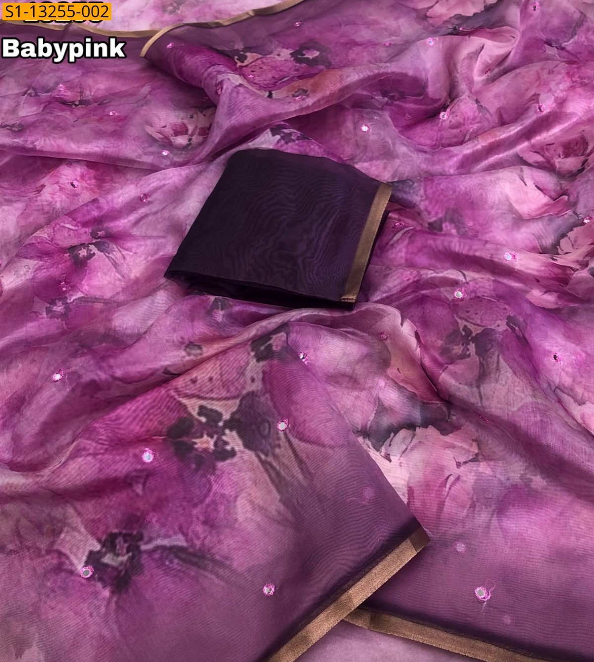Baby Pink Fancy Organza Floral Sarees