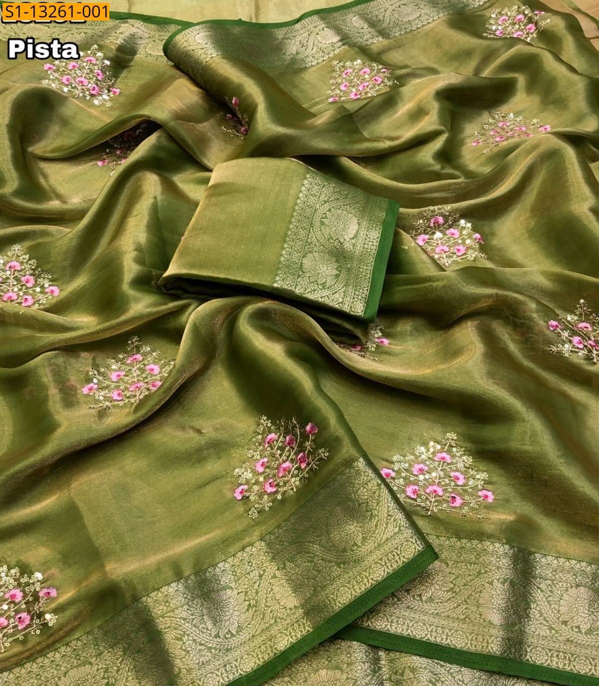 Pista Green Fancy Tissue Satin Hand Dyeable Saree