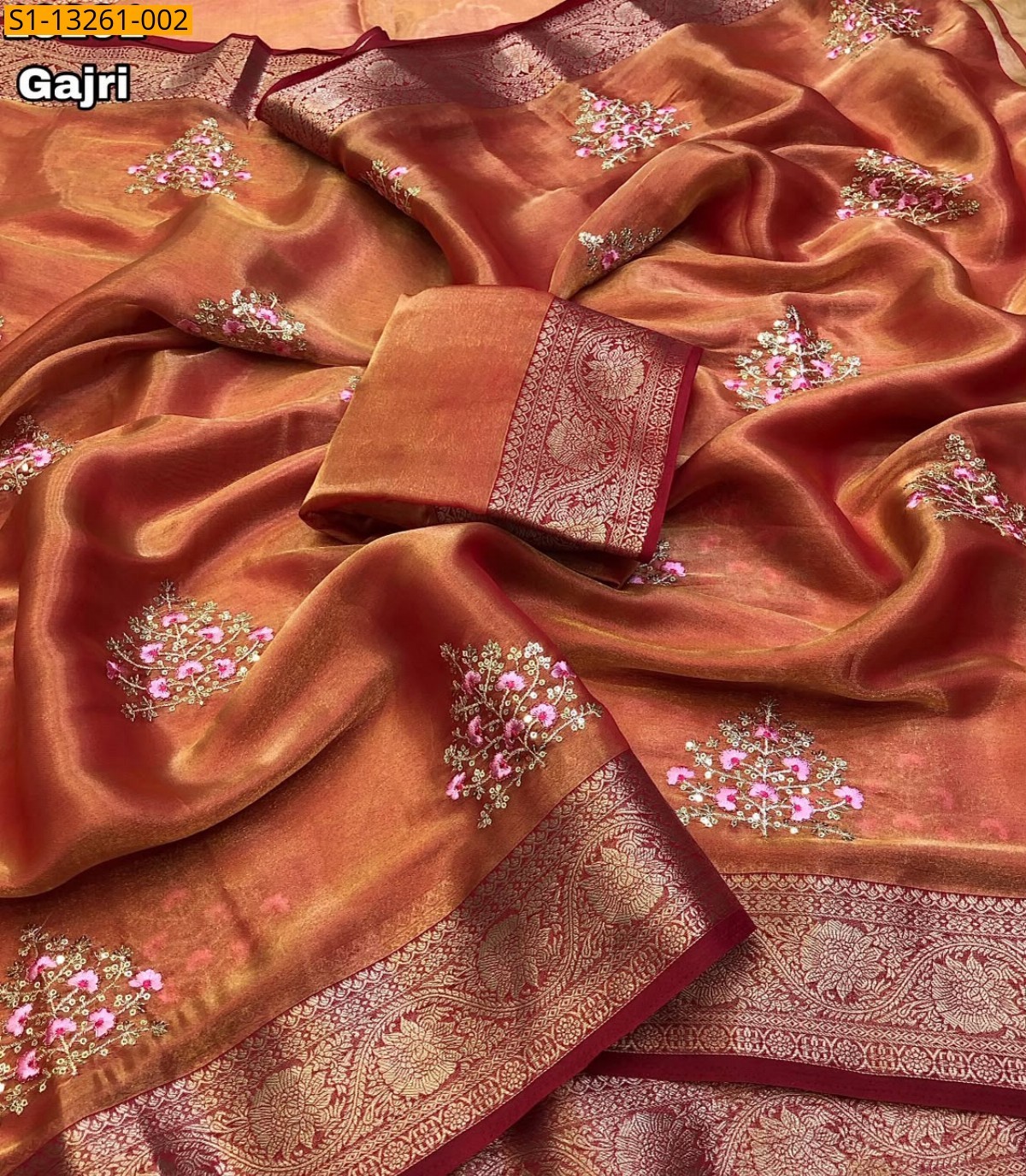 Gajri Fancy Tissue Satin Hand Dyeable Saree