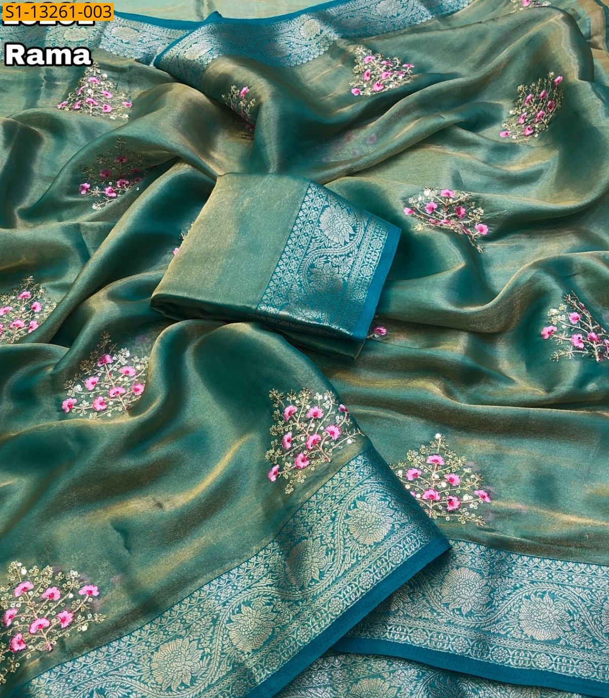 Rama green Fancy Tissue Satin Hand Dyeable Saree