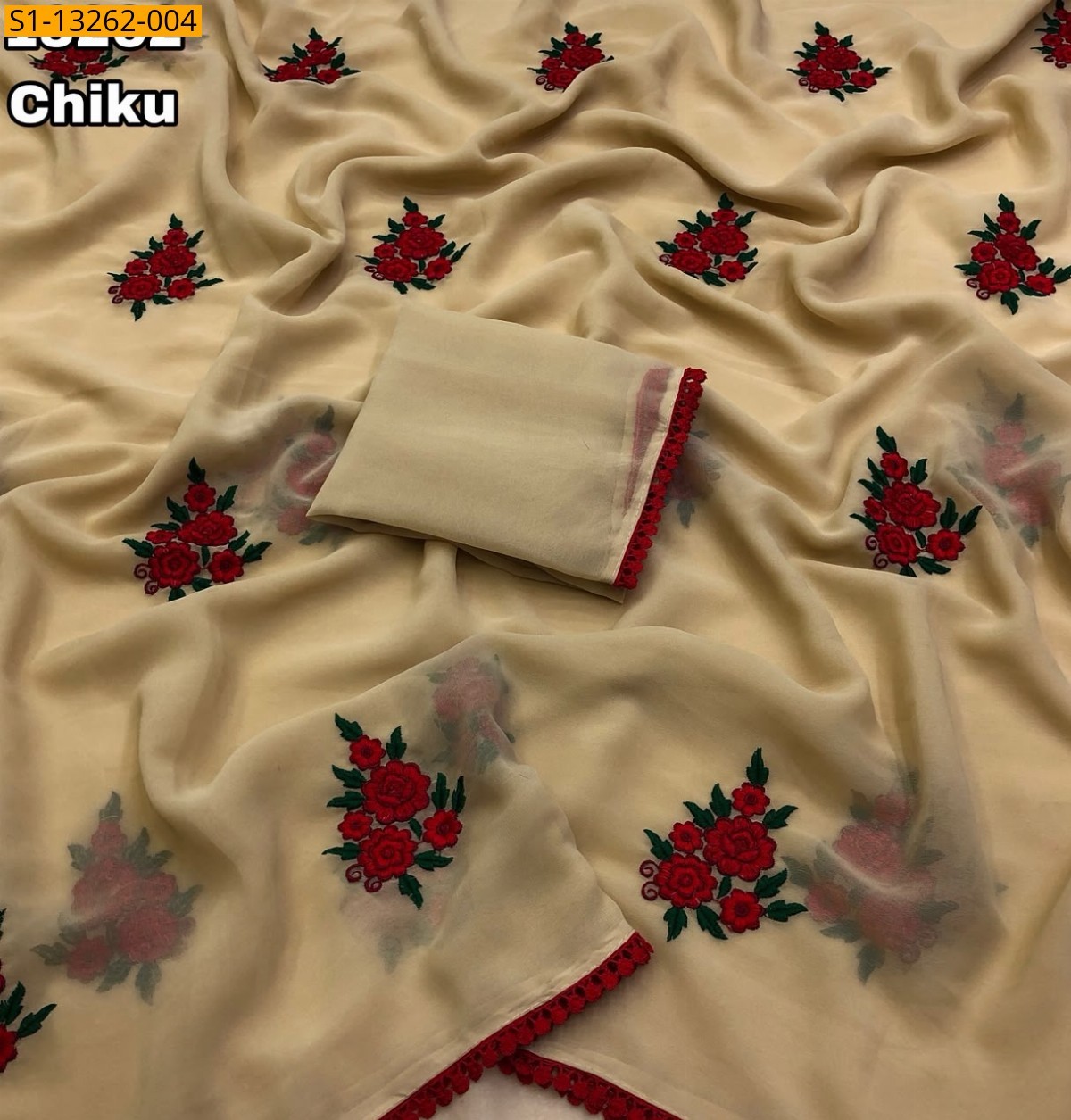 Chiku Fancy Faux Georgette Embroidery Saree