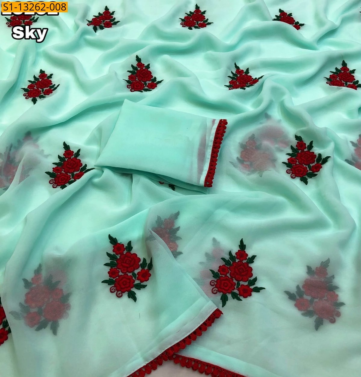 Sky Blue Fancy Faux Georgette Embroidery Saree