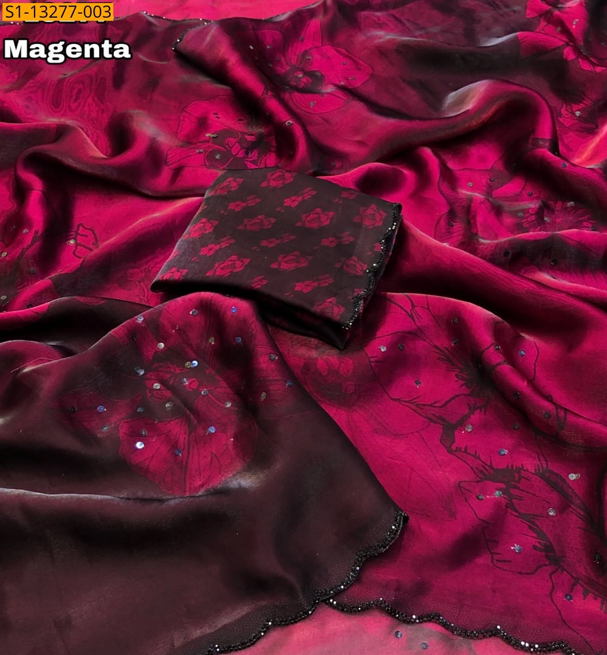 Magenta Fancy Space Silk Floral Digital Printed Saree