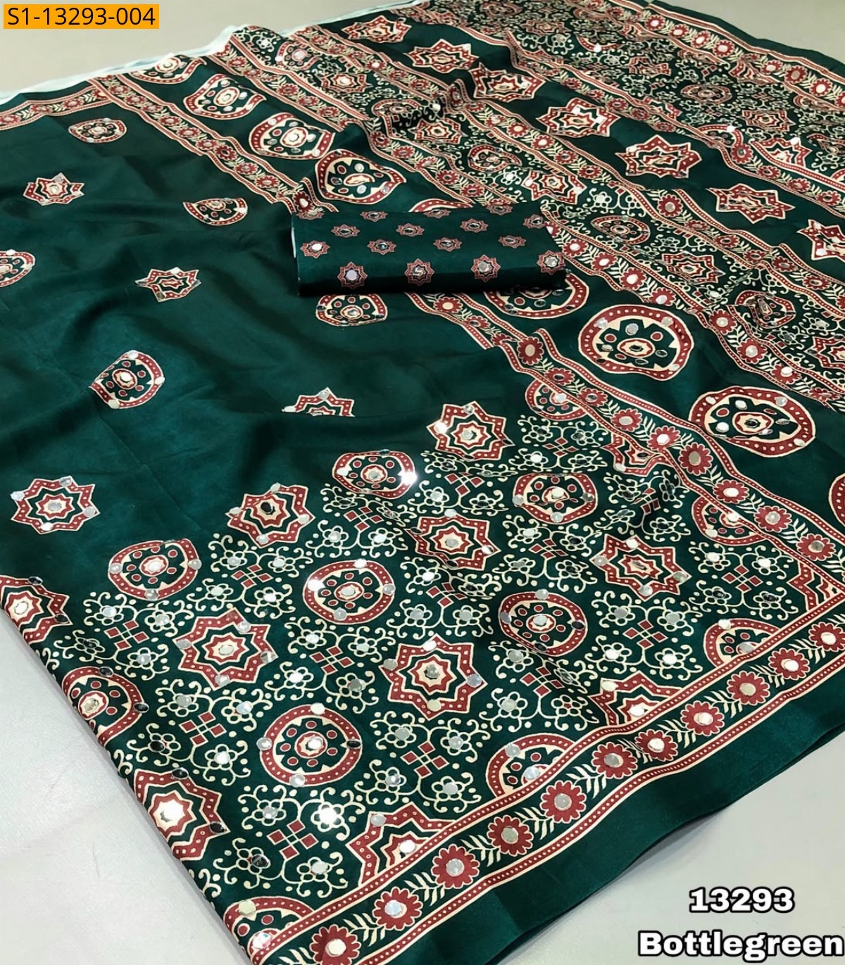 Bottle Green Fancy Satin Crape Silk Sarees