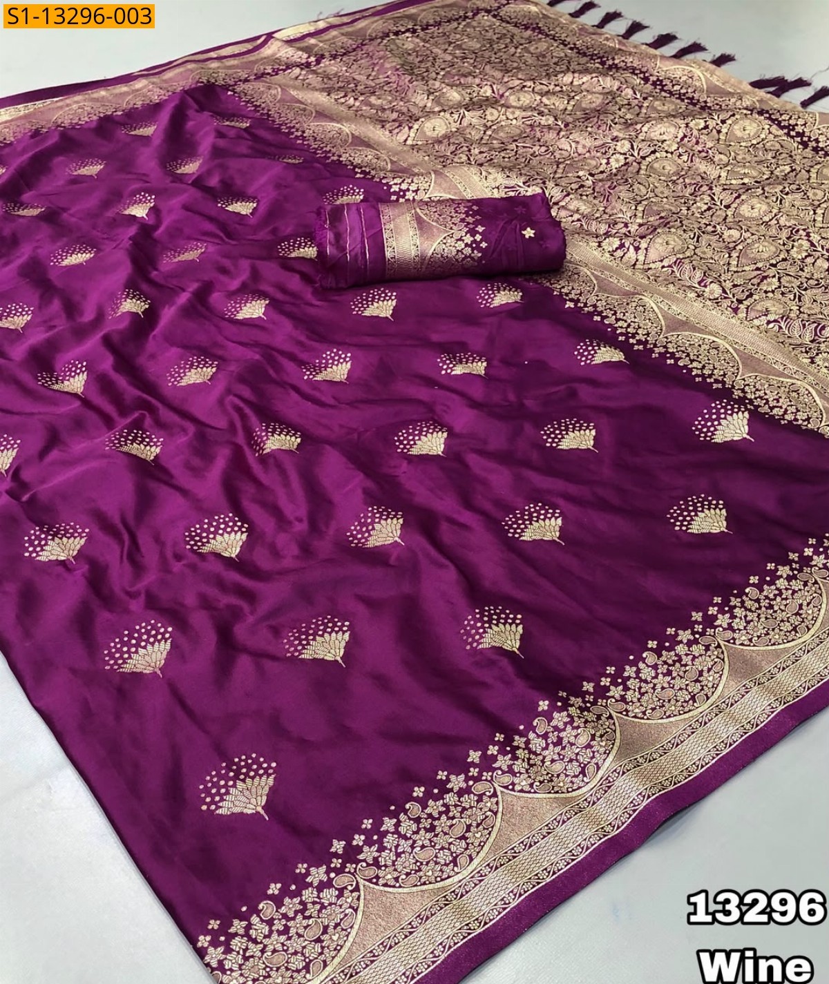 Wine Fancy Banarasi Mashroo Katan Satin Silk Saree