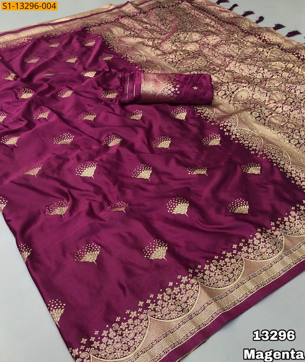 Megenta Fancy Banarasi Mashroo Katan Satin Silk Saree