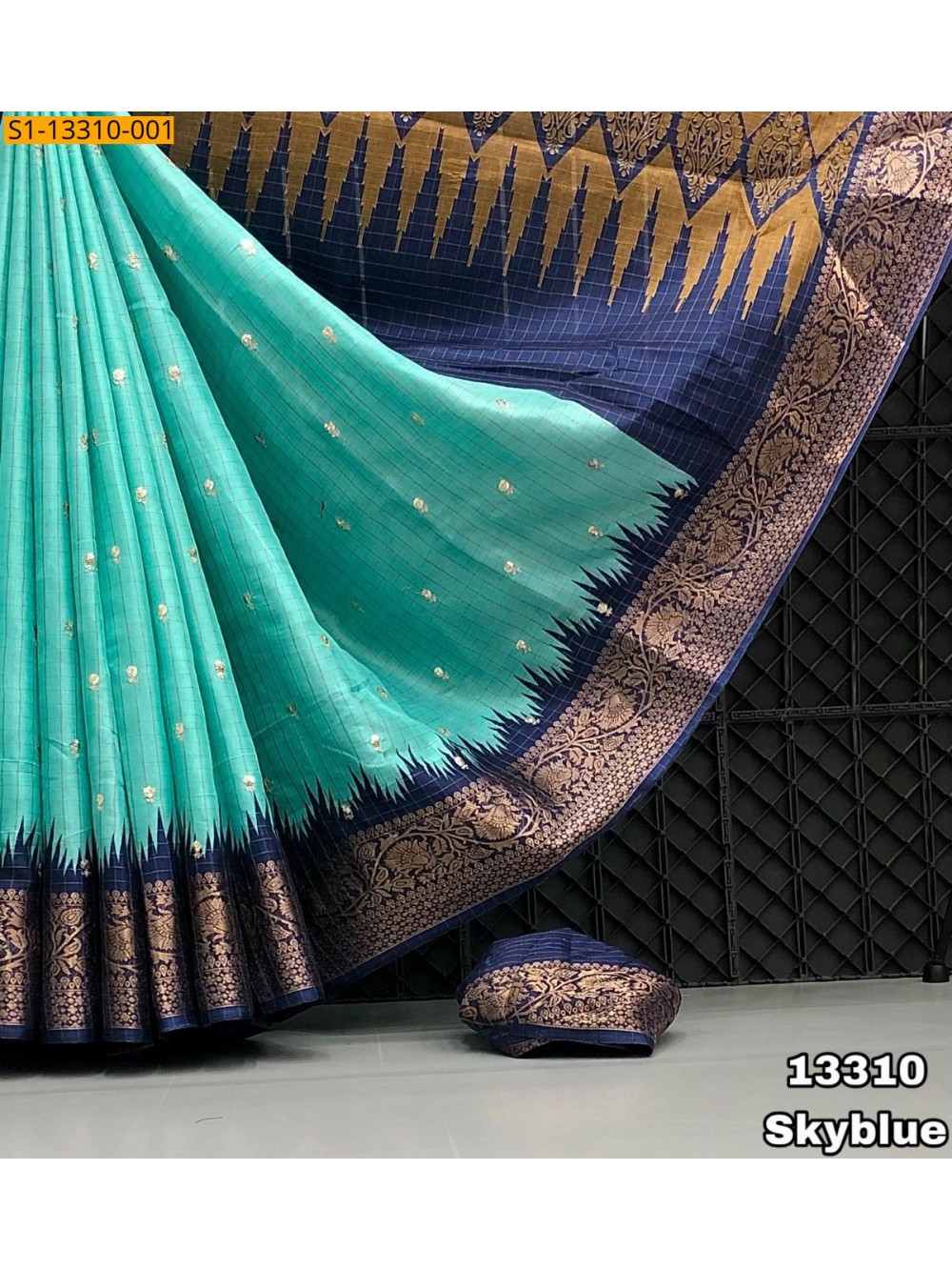 Sky Blue Fancy Dola Checks Printed Saree Sky Blue Fancy Dola Checks Printed Saree