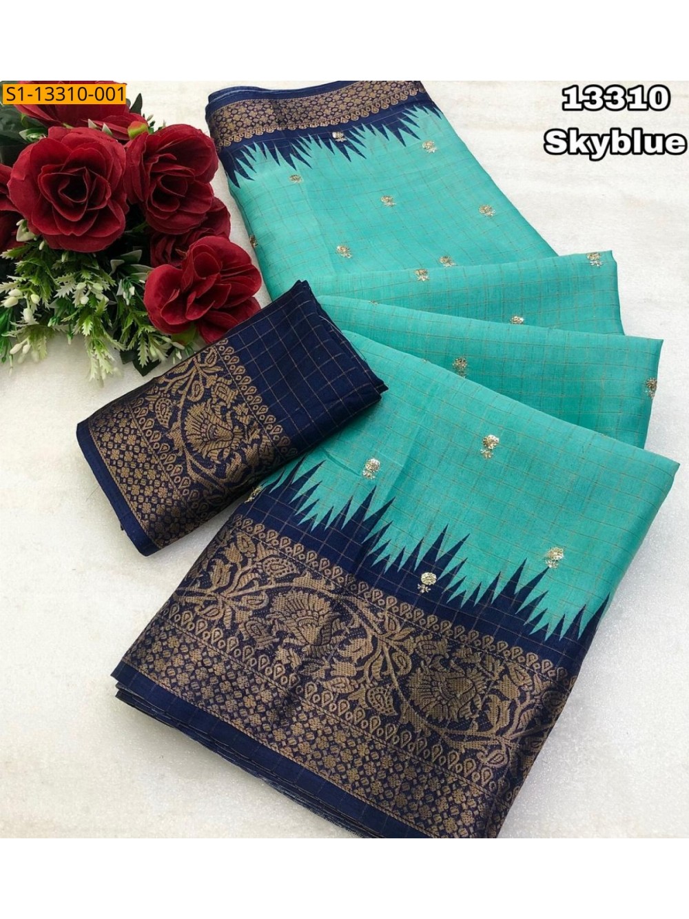 Sky Blue Fancy Dola Checks Printed Saree Sky Blue Fancy Dola Checks Printed Saree