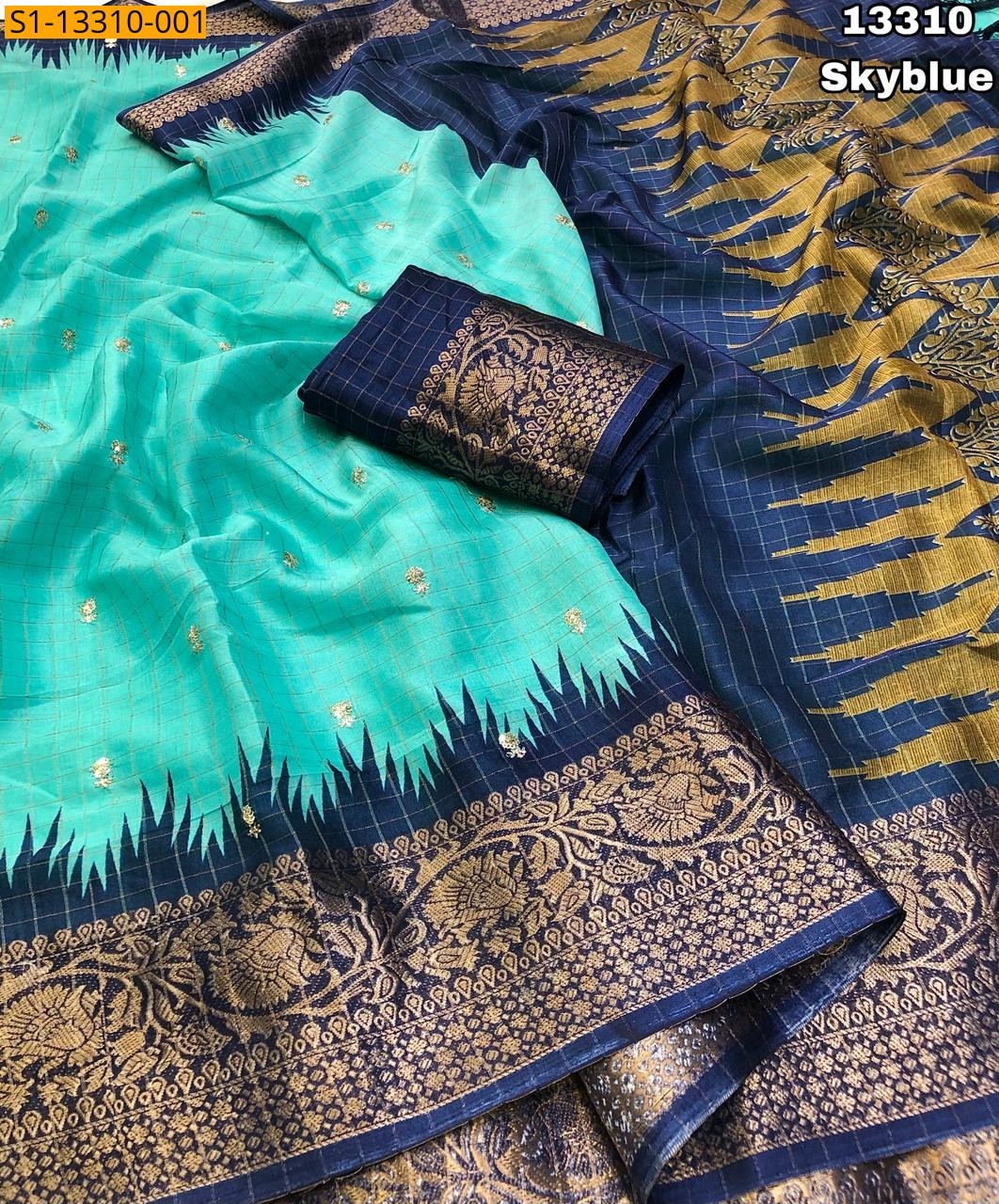 Sky Blue Fancy Dola Checks Printed Saree