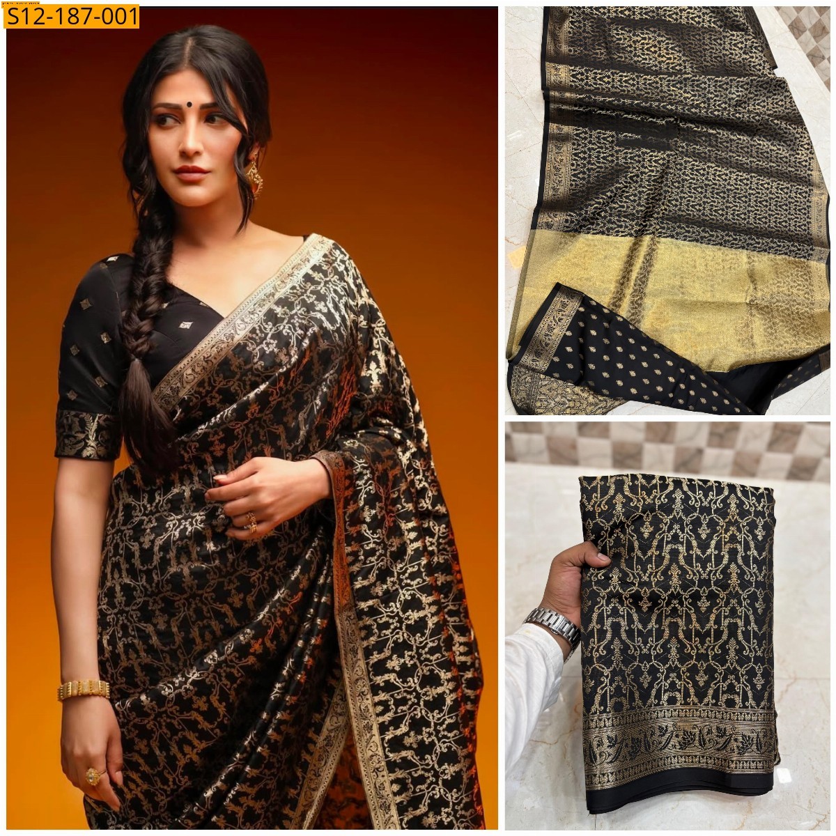 Black Banarasi semi katan soft silk sarees 