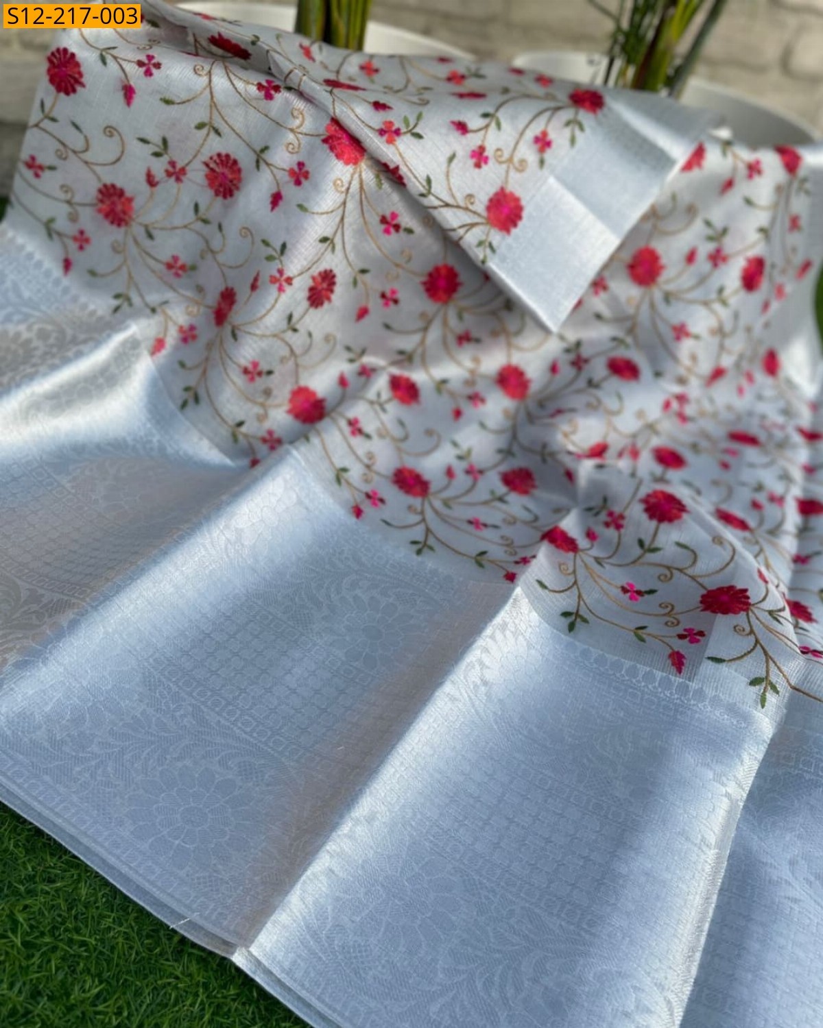 Banarasi  Tissue Embroidery Silk Saree - White