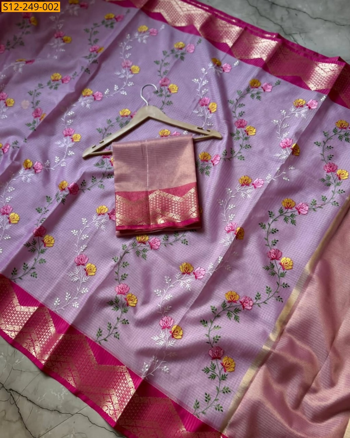 Baby pink Banarasi kota check embroidery Sarees