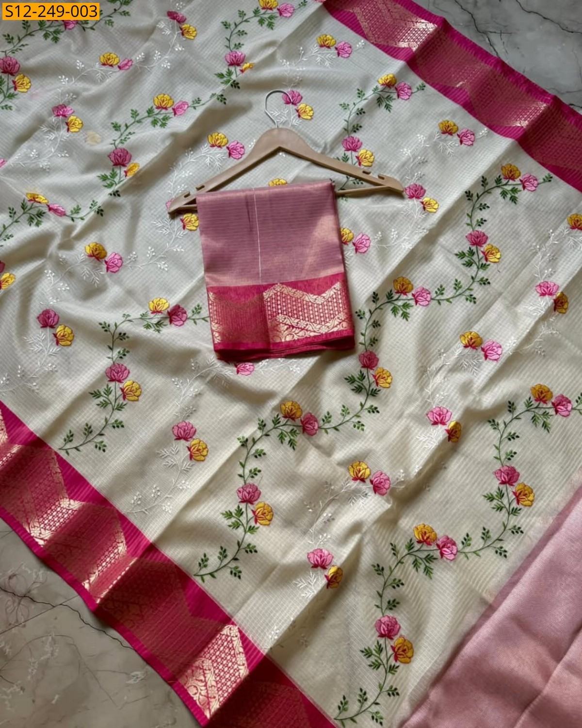 Half white Banarasi kota check embroidery Sarees