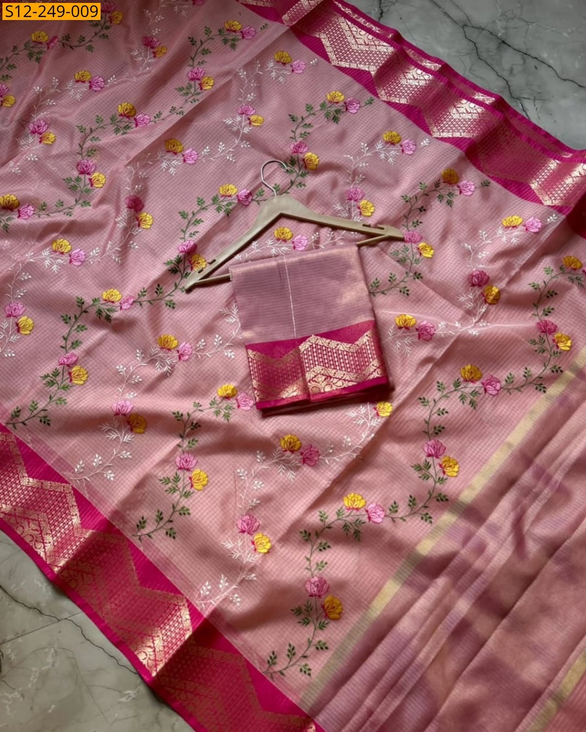 Brown Banarasi kota check embroidery Sarees