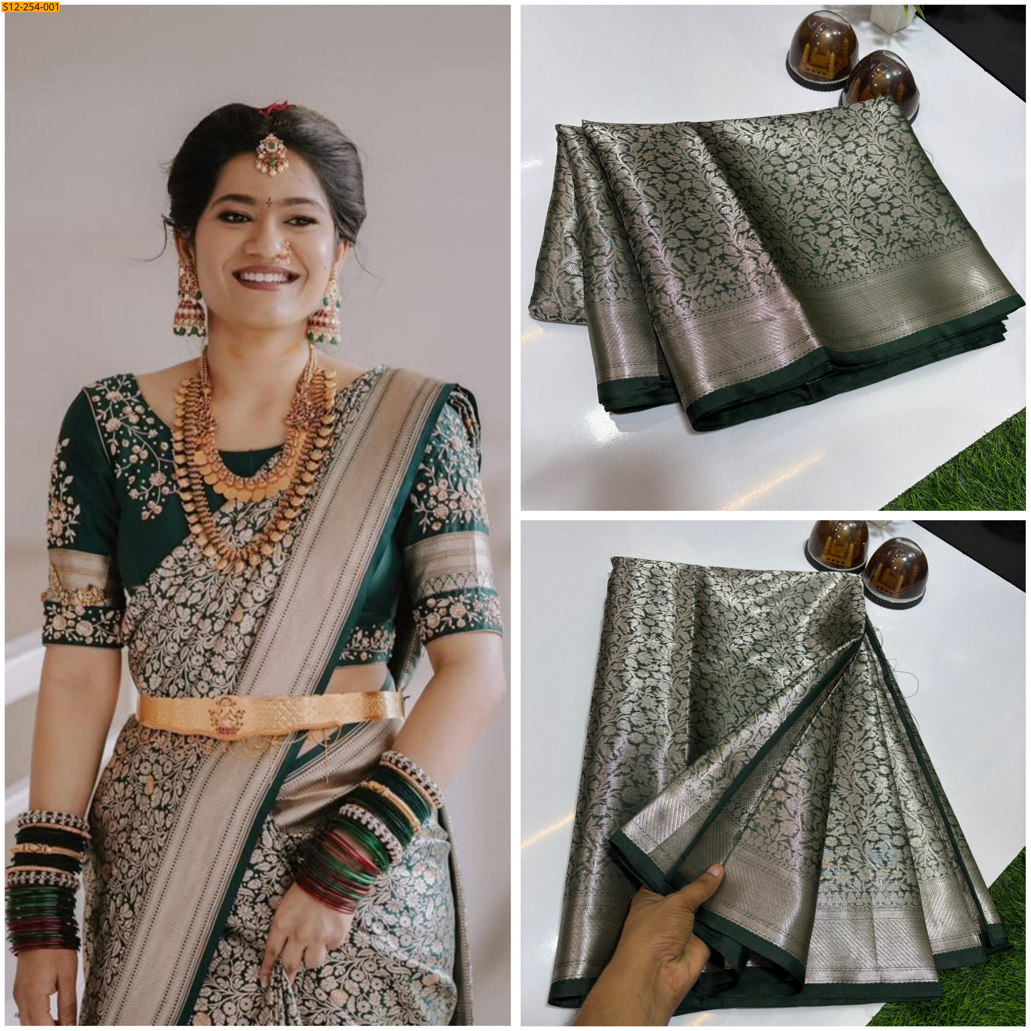 Dark Green Banarasi tissue soft silk saree