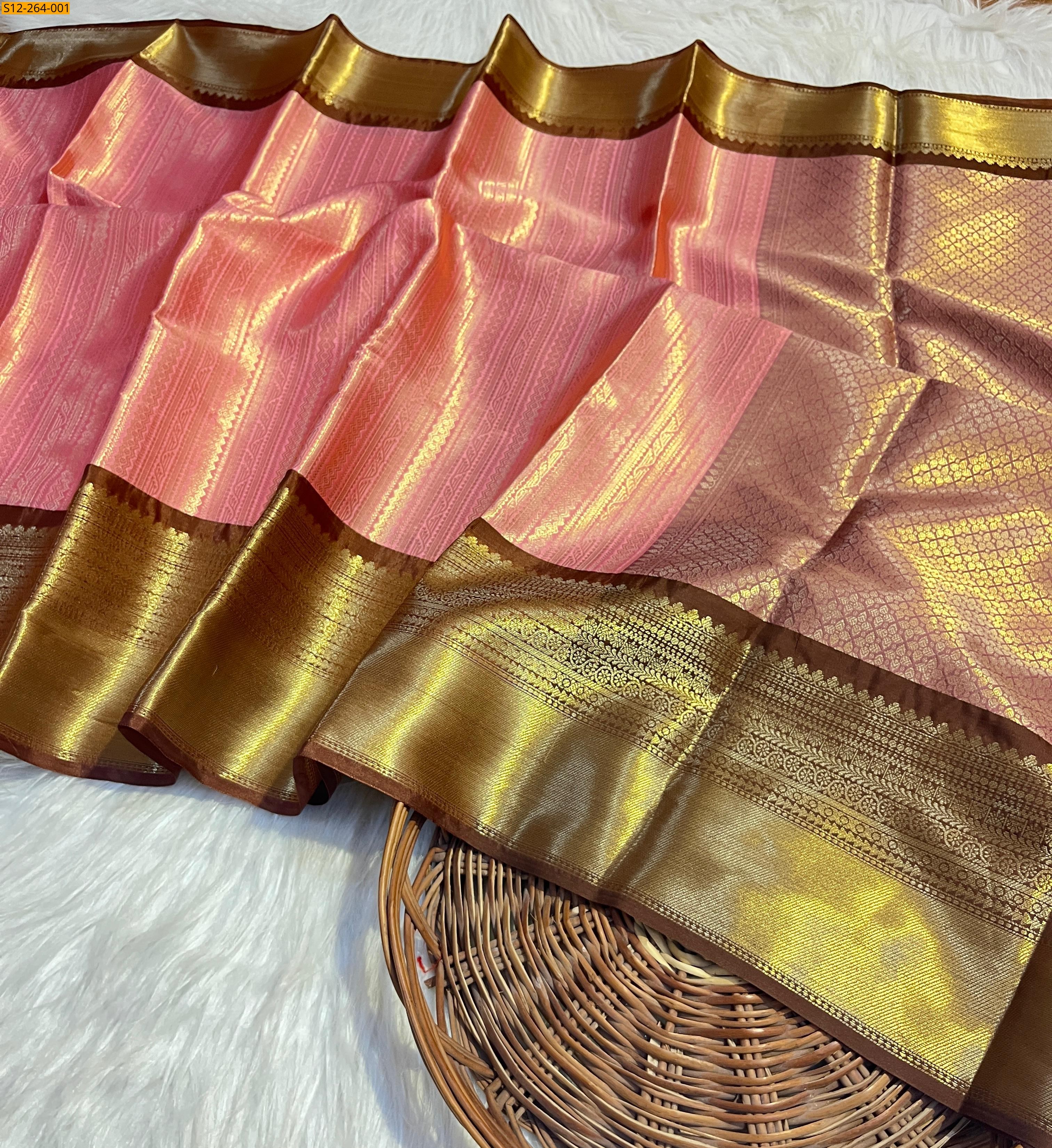 Peach Banarasi semi katan soft silk saree