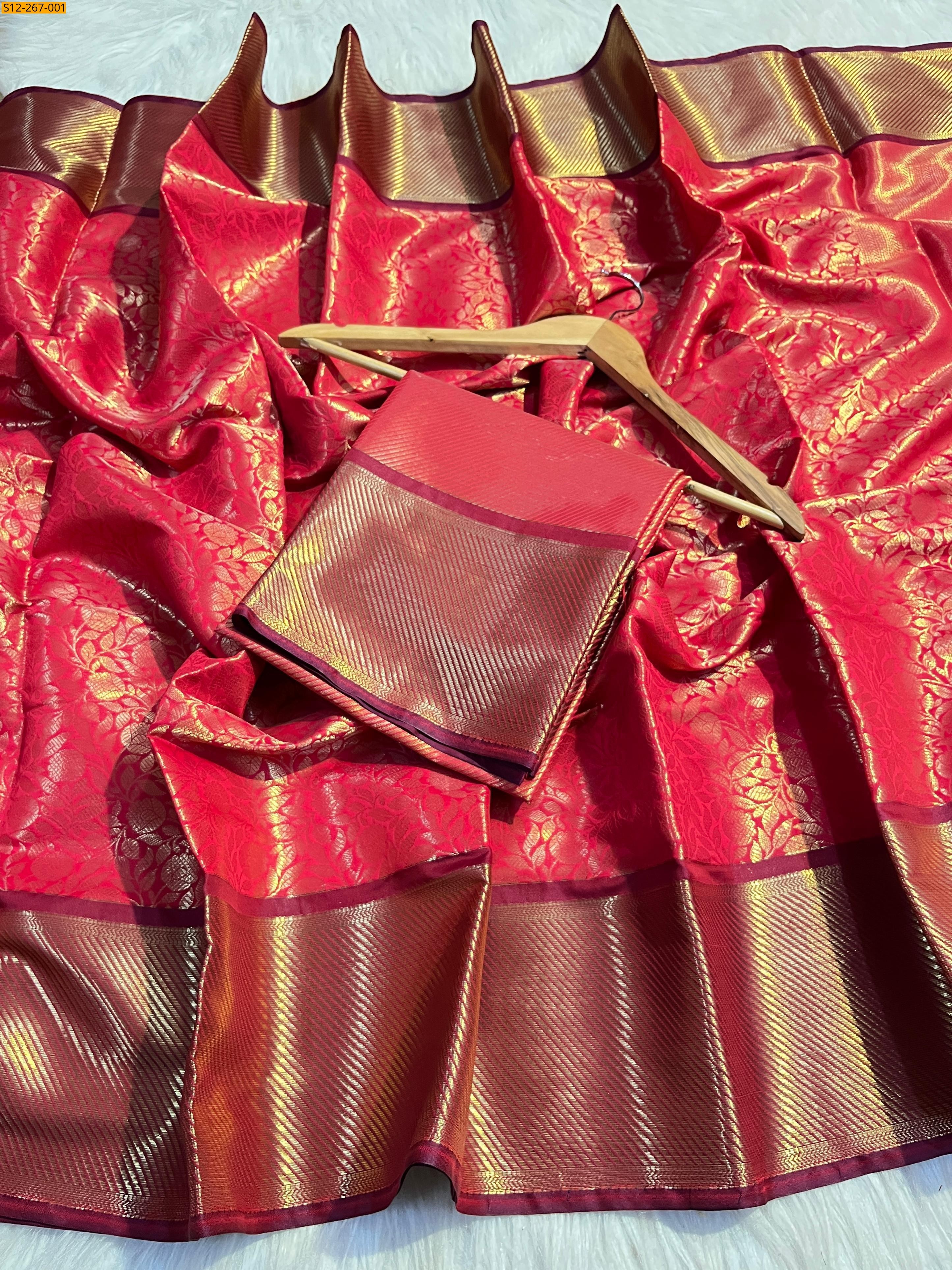 Red Banarsi semi kataan soft silk Saree