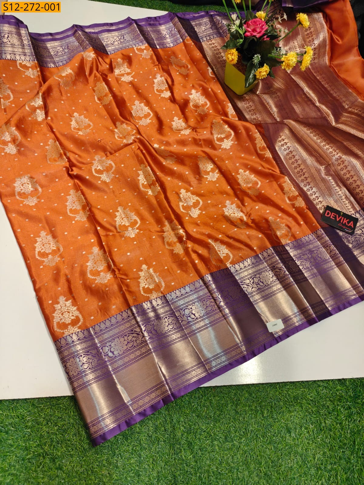 Orange Banarsi kanjivaram pattu soft silk Saree