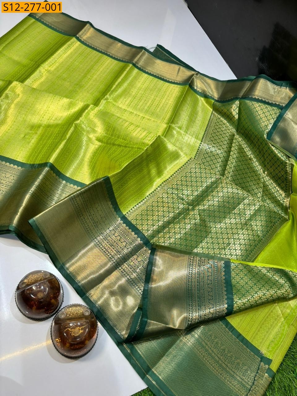 Green Banarsi semi kataan soft silk Saree