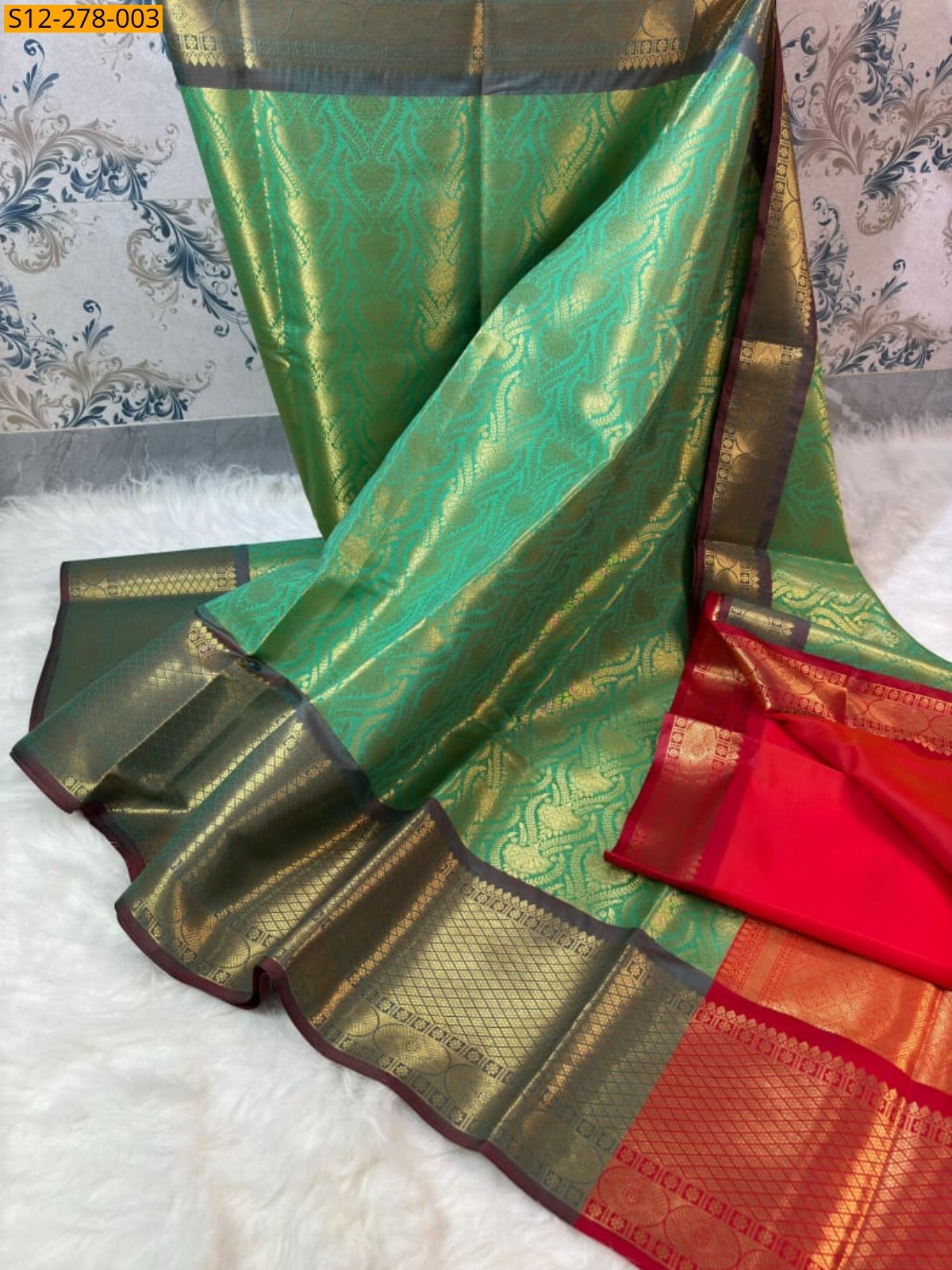 Rama Green Banarsi semi kataan soft silk Saree