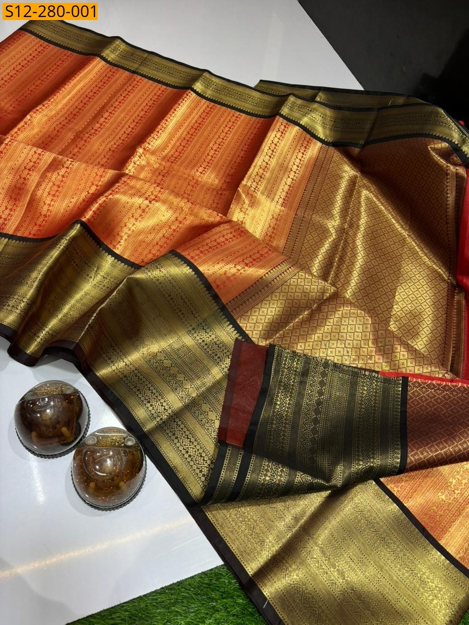 Orange Banarsi semi kataan soft silk Saree