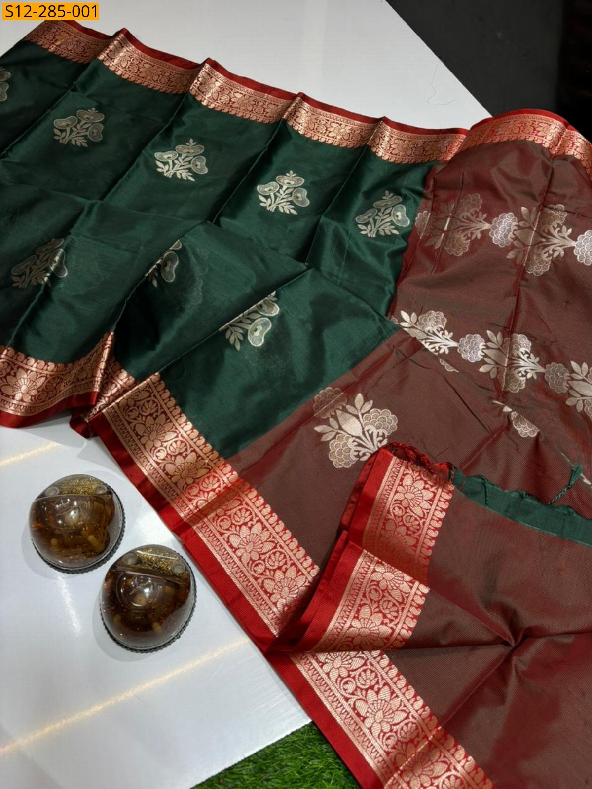 Green Banarsi semi kataan soft silk Saree