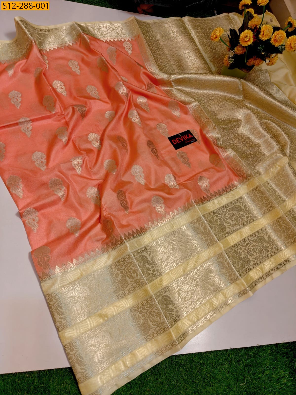 Orange Banarsi daibal semi kataan soft silk Saree