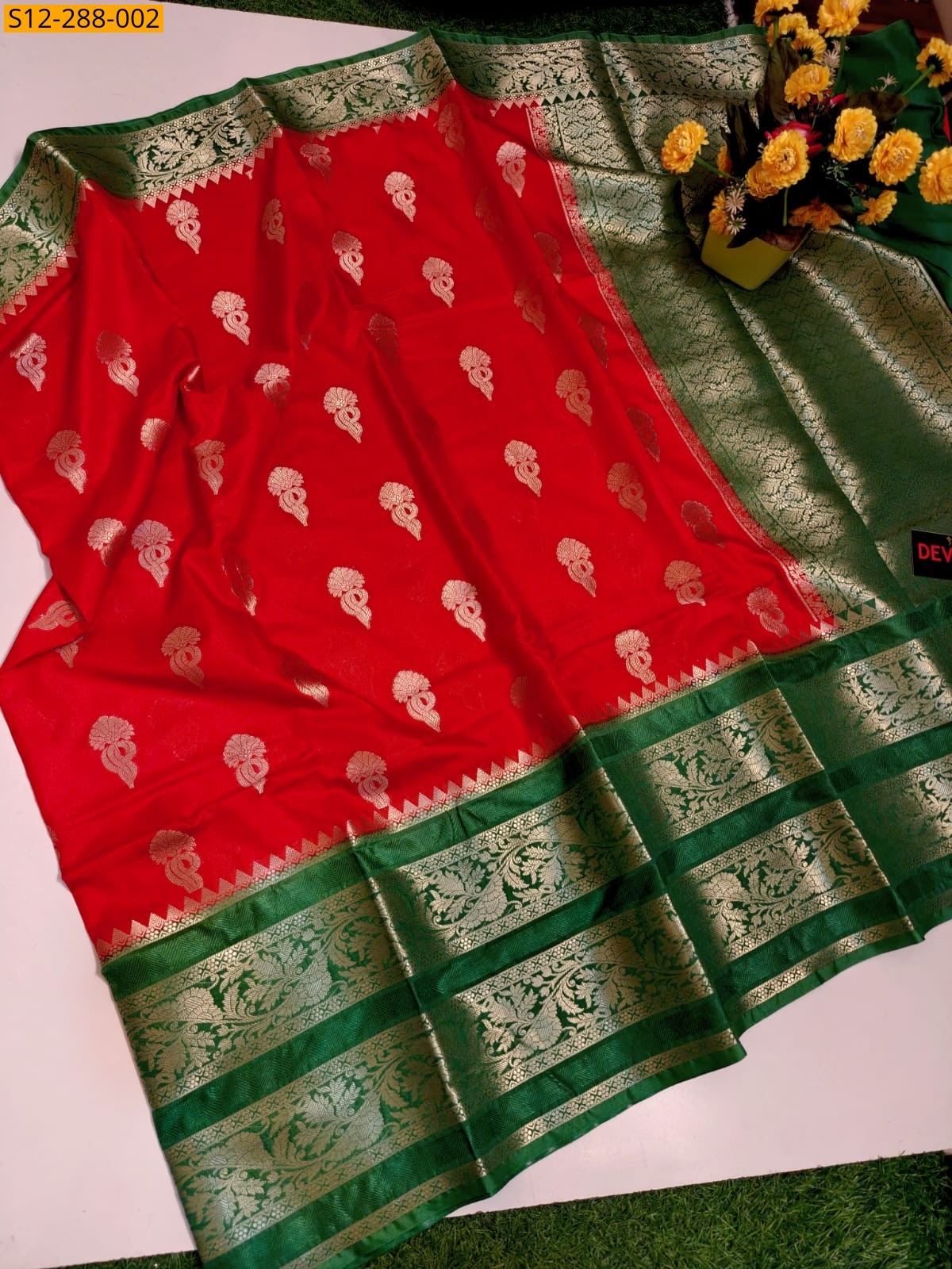 Red Banarsi daibal semi kataan soft silk Saree