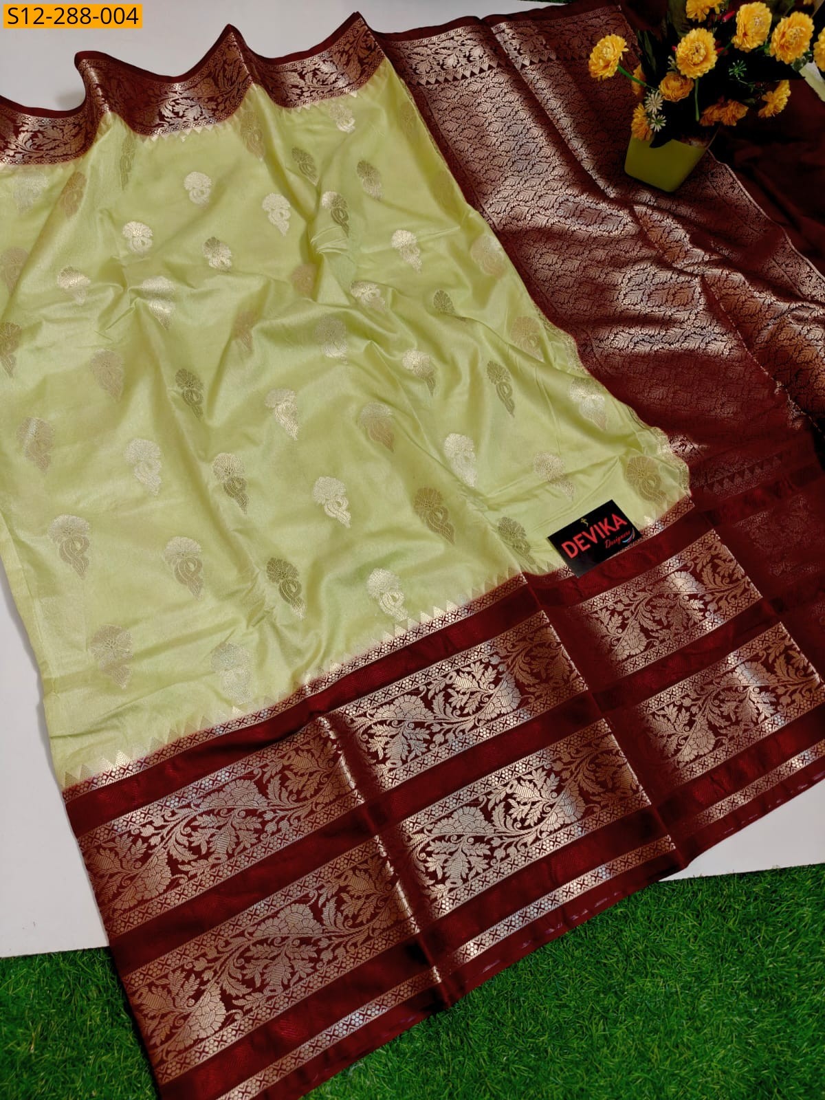 Lemon yellow Banarsi daibal semi kataan soft silk Saree